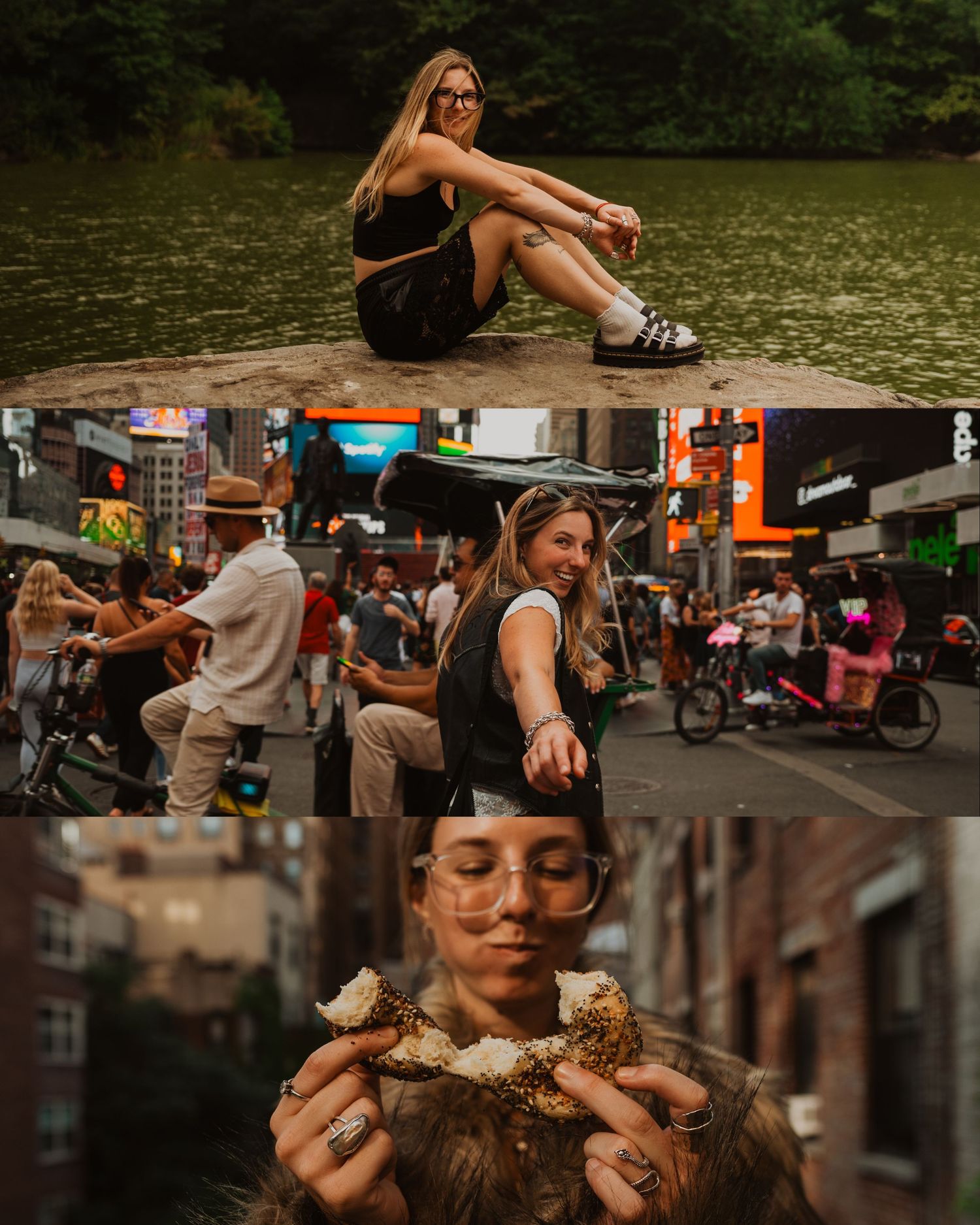 Three lifestyle photographs show a lake dock scene, dancing at a lively street party, and someone holding fresh baked goods.