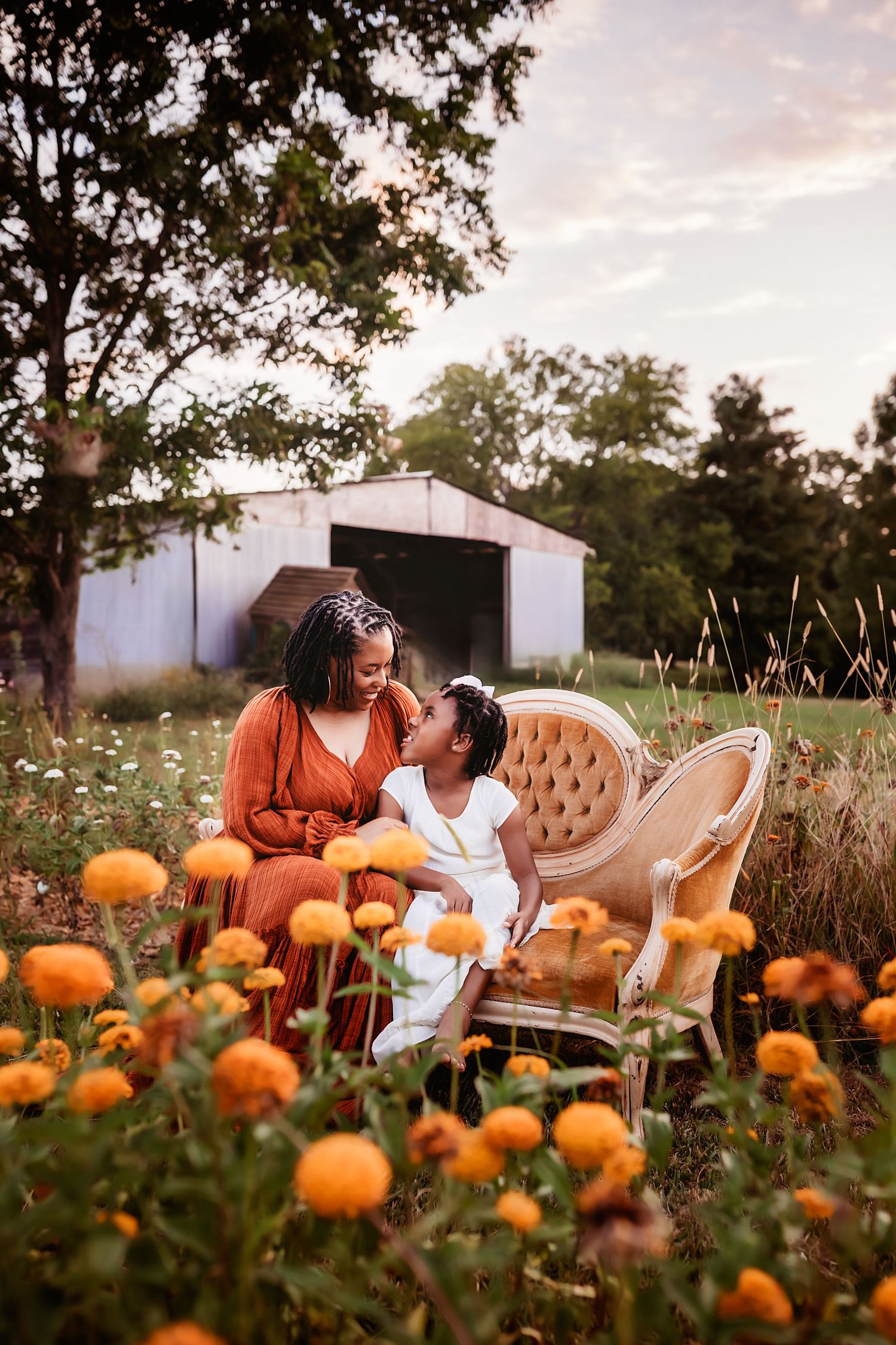 Autumn scene with vintage chair and orange flowers in a field near a white barn during golden hour sunset.