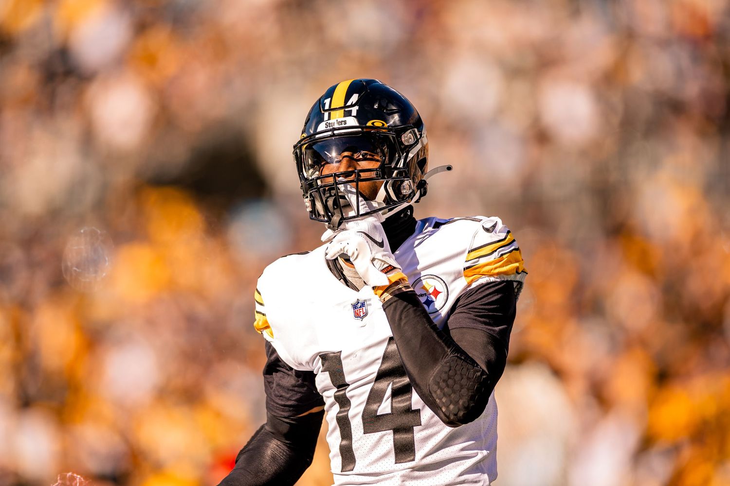 Pittsburgh Steelers wide receiver number 14 in gold and black uniform on the field.