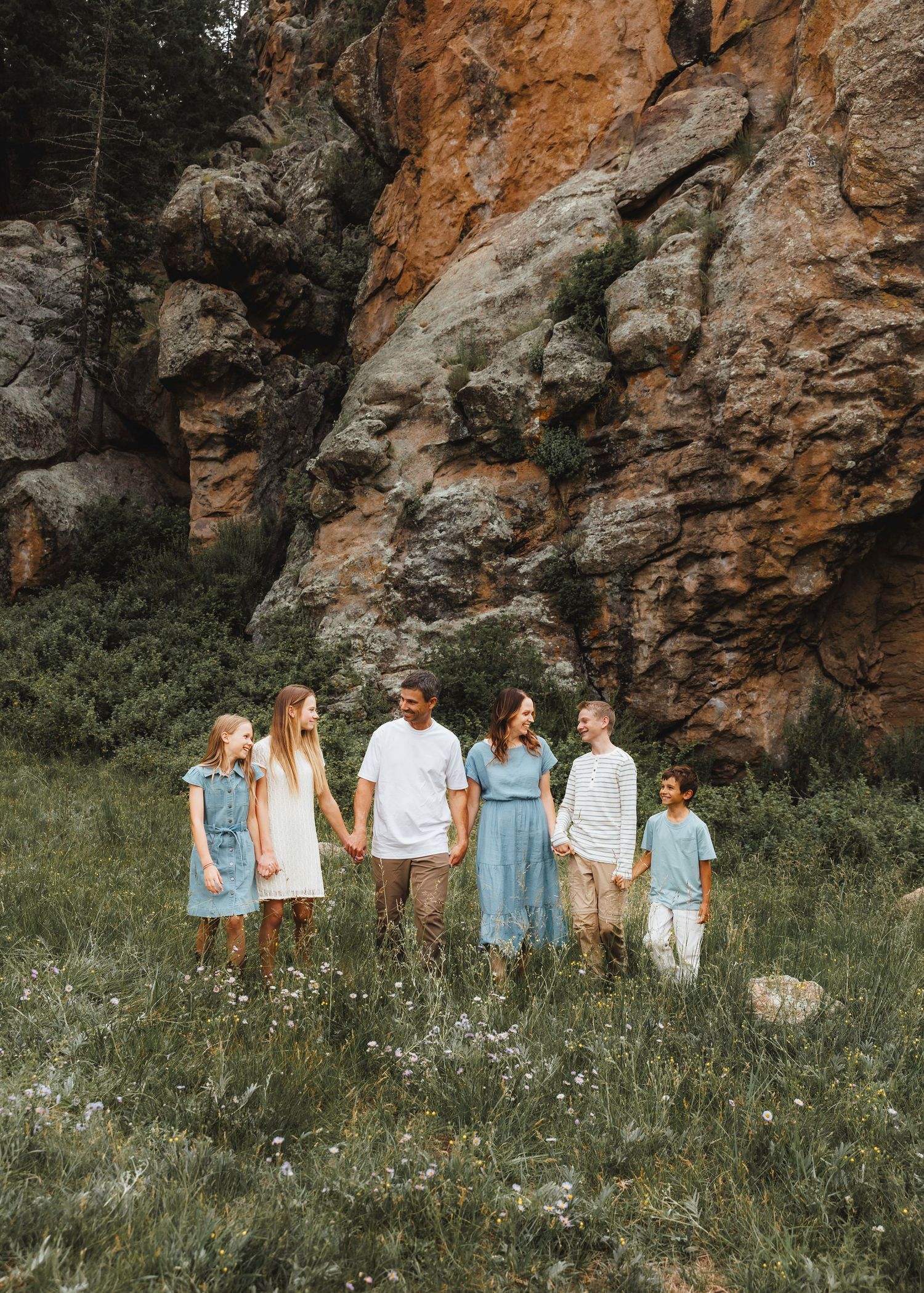 A family of five walks hand in hand through a wildflower meadow in front of a towering red rock cliff.