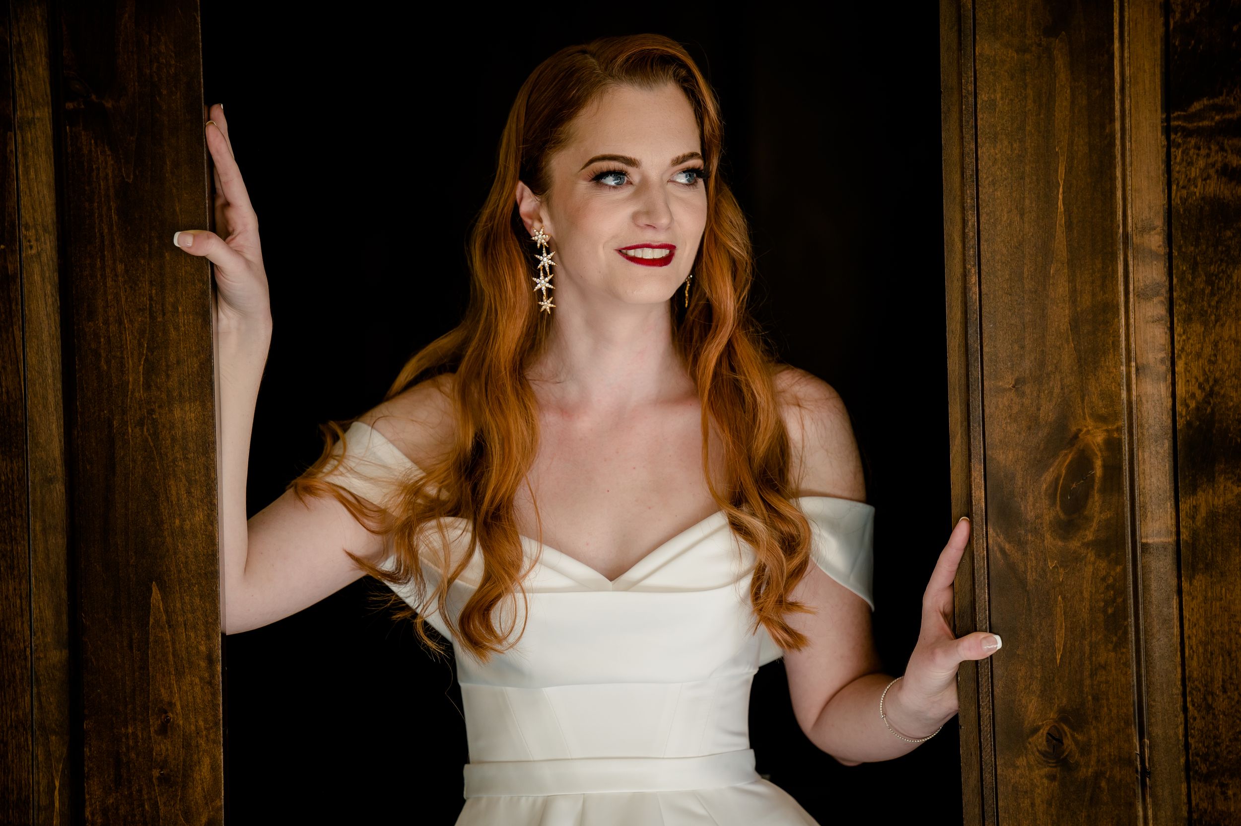 A bride in a white gown poses against a rustic wood background in a multi-panel collage of celebratory photos.