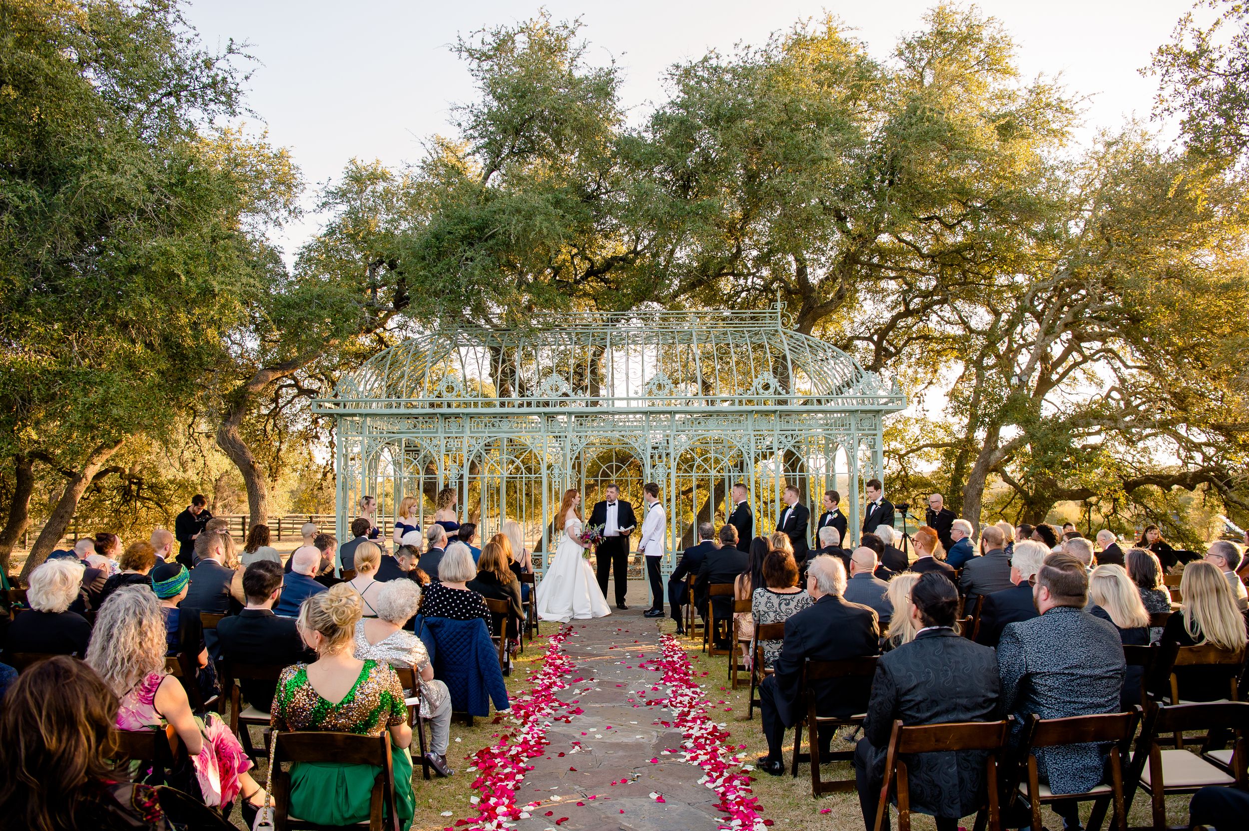 Guests watch outdoor wedding ceremony at sunset under oak trees with pink flower petals lining the aisle.