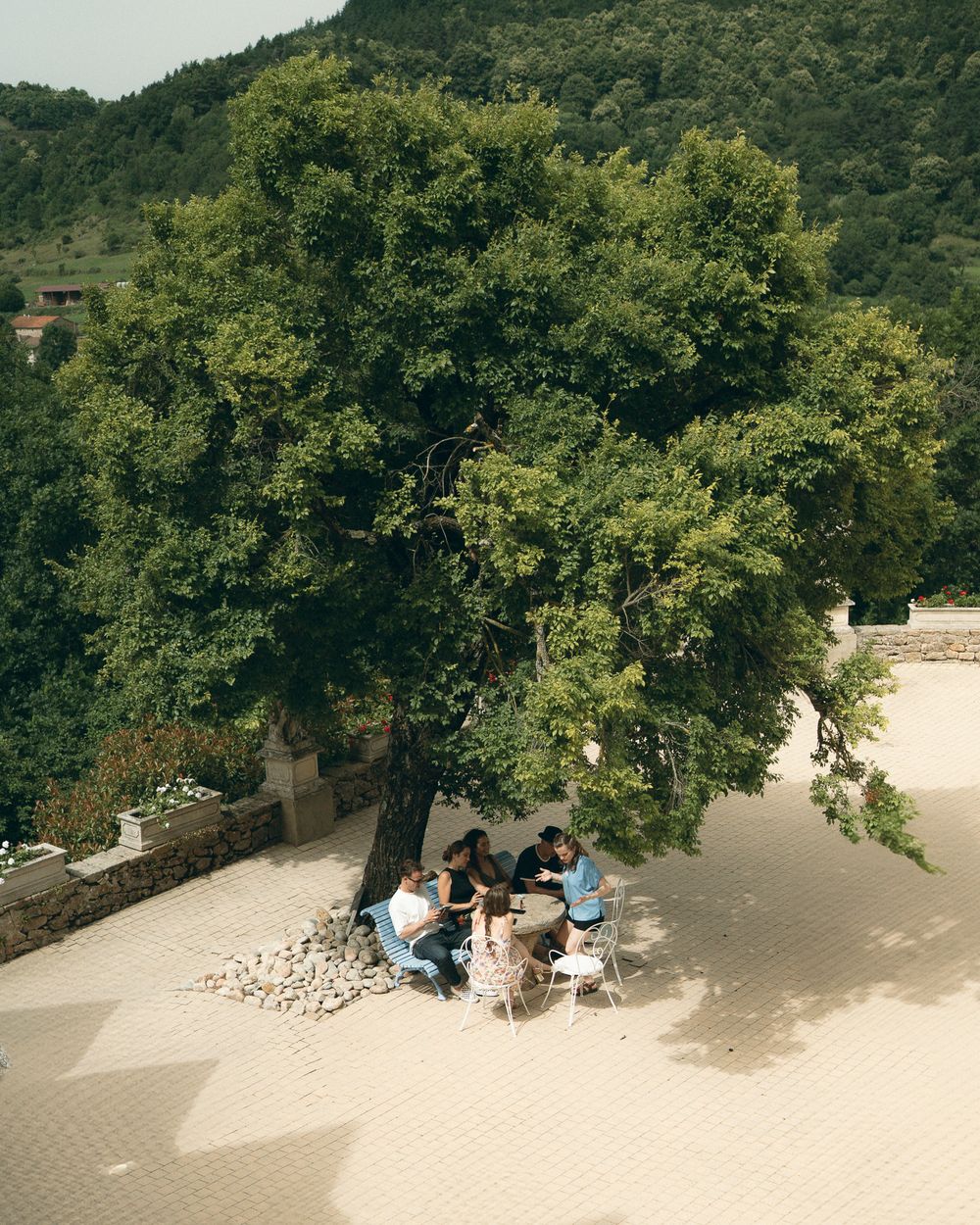 People relaxing under shady trees in a park-like setting.
