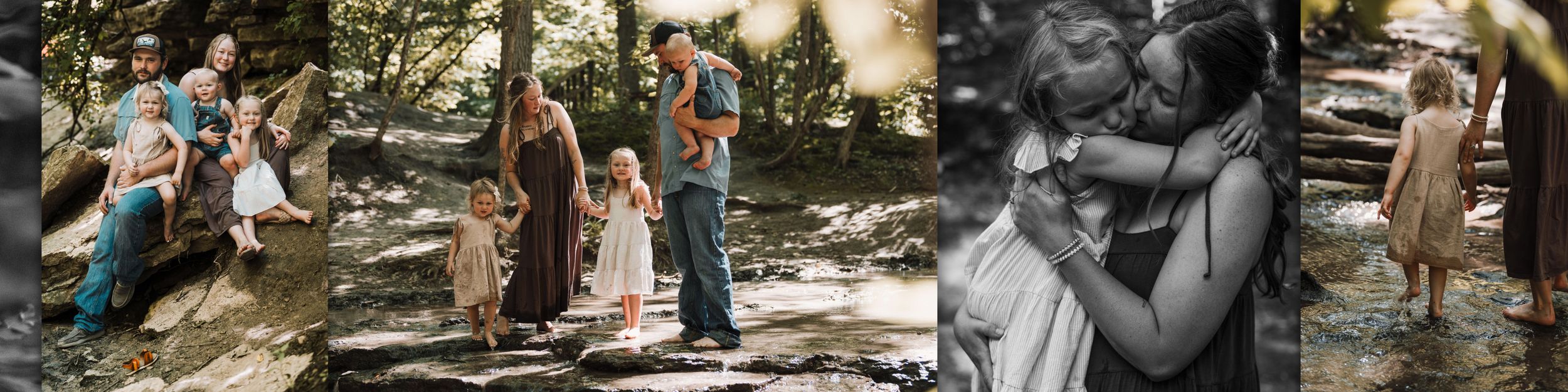 A trio of casual outdoor film style portrait photos in black and white and color showing candid moments.