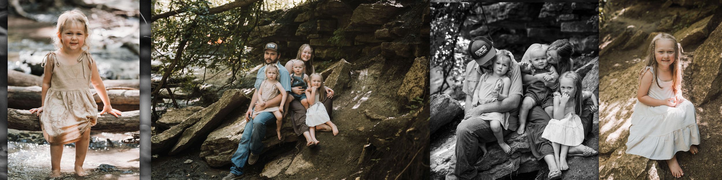 A series of outdoor candid family photos taken near natural rock formations and a waterfall.