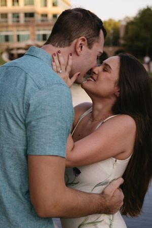 A romantic engagement photo sequence showing a couple embracing outdoors at sunset in the Woodlands in Houston, Texas