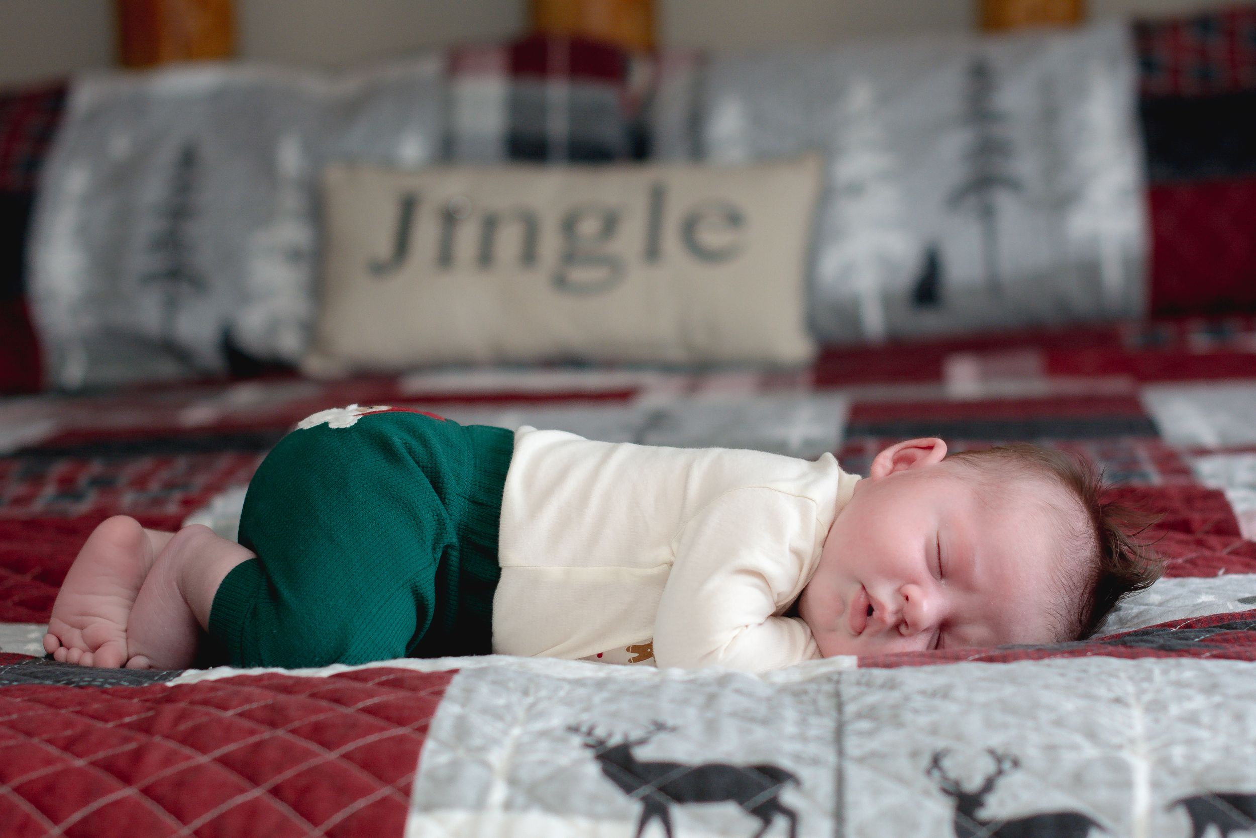 Newborn baby sleeping peacefully on a festive red plaid quilt with a Jingle pillow in the background.