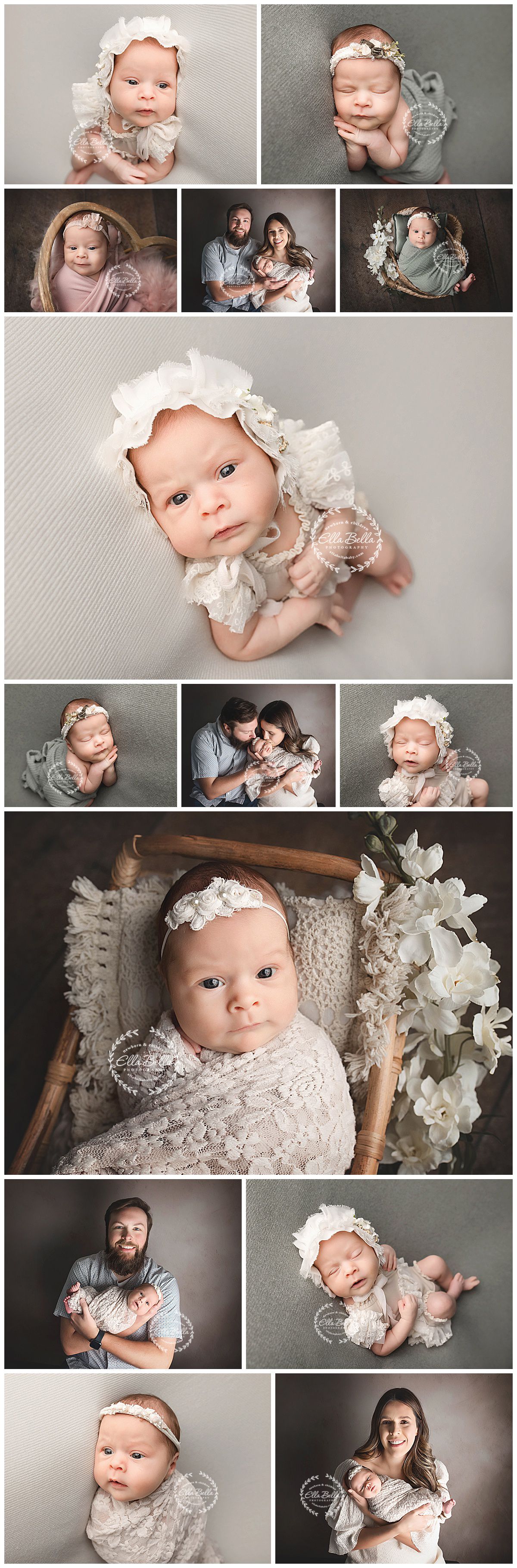 Professional studio portrait session featuring soft gray backgrounds, vintage wooden chairs, and delicate white lace accessories.