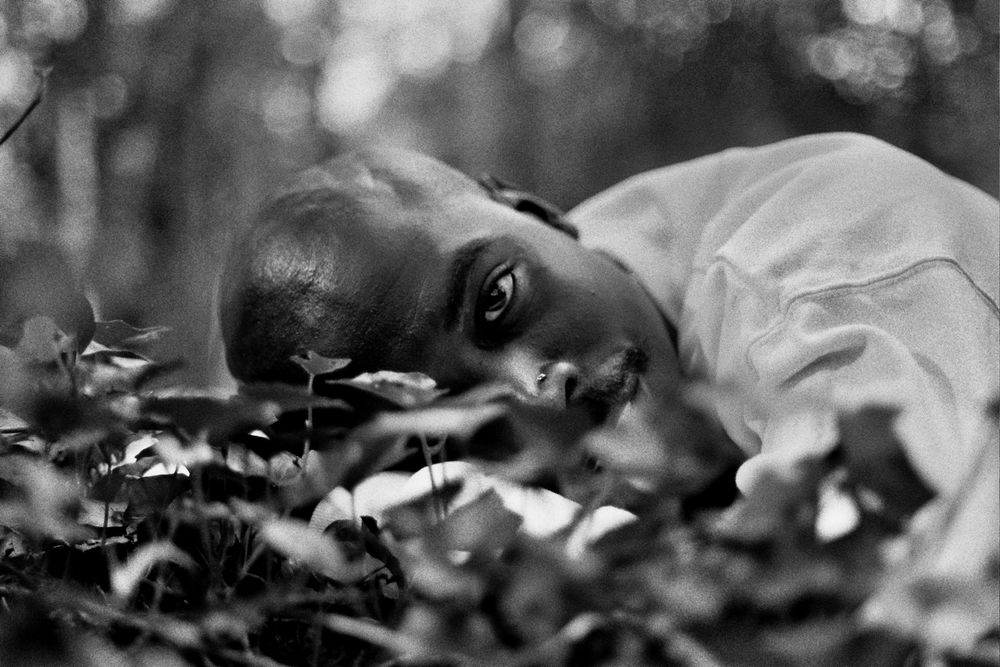 Black and white close-up of a man lying among forest leaves and foliage.