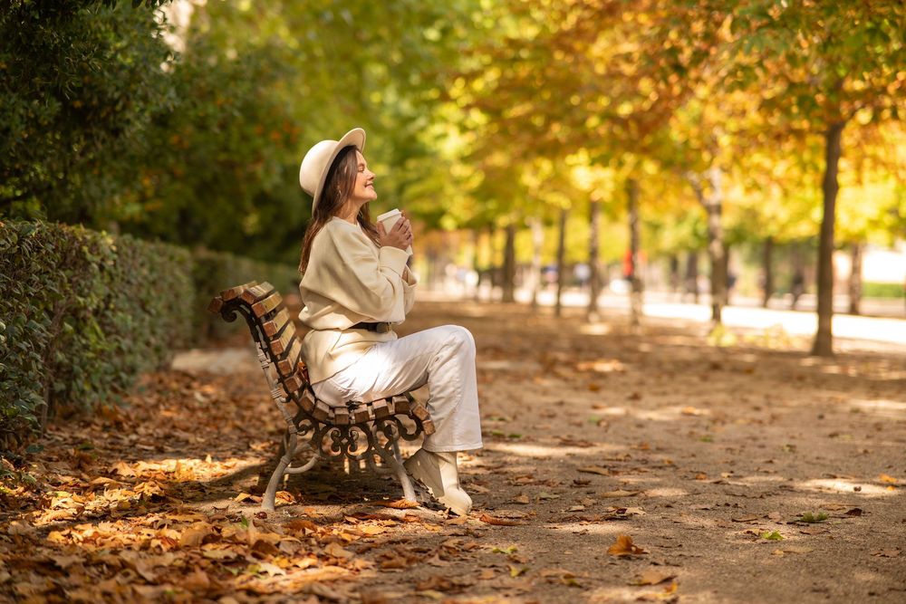 A collection of autumn park scenes during golden hour with fallen leaves scattered along a walking path.