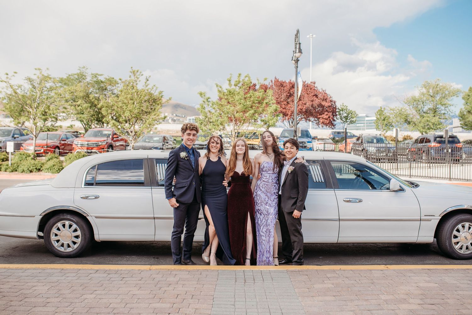 Group photo of formally dressed people posing beside white limousines under cloudy skies.
