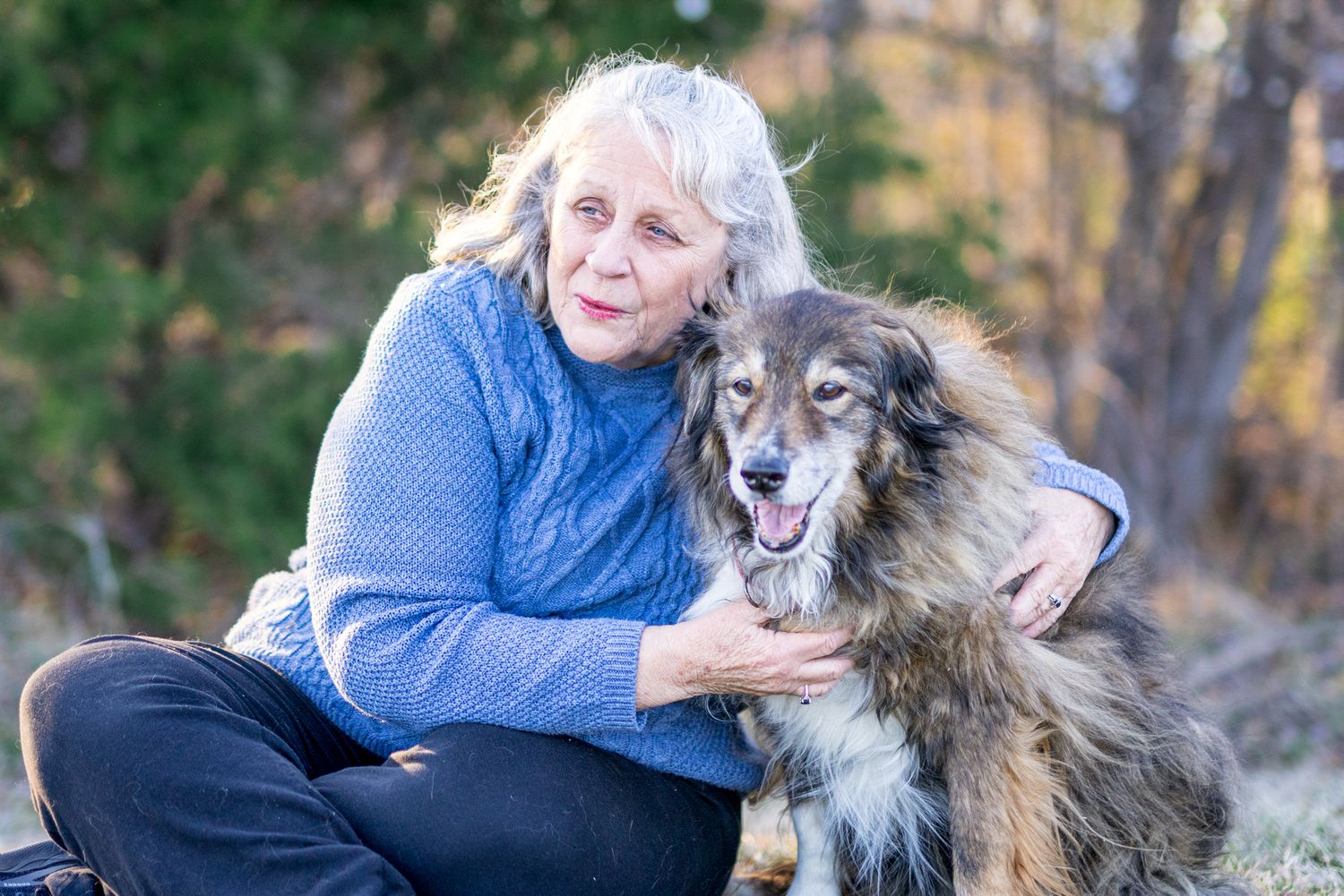 Dog resting its head on the owner's lap during a quiet end-of-life session in a field, filled with love and stillness.