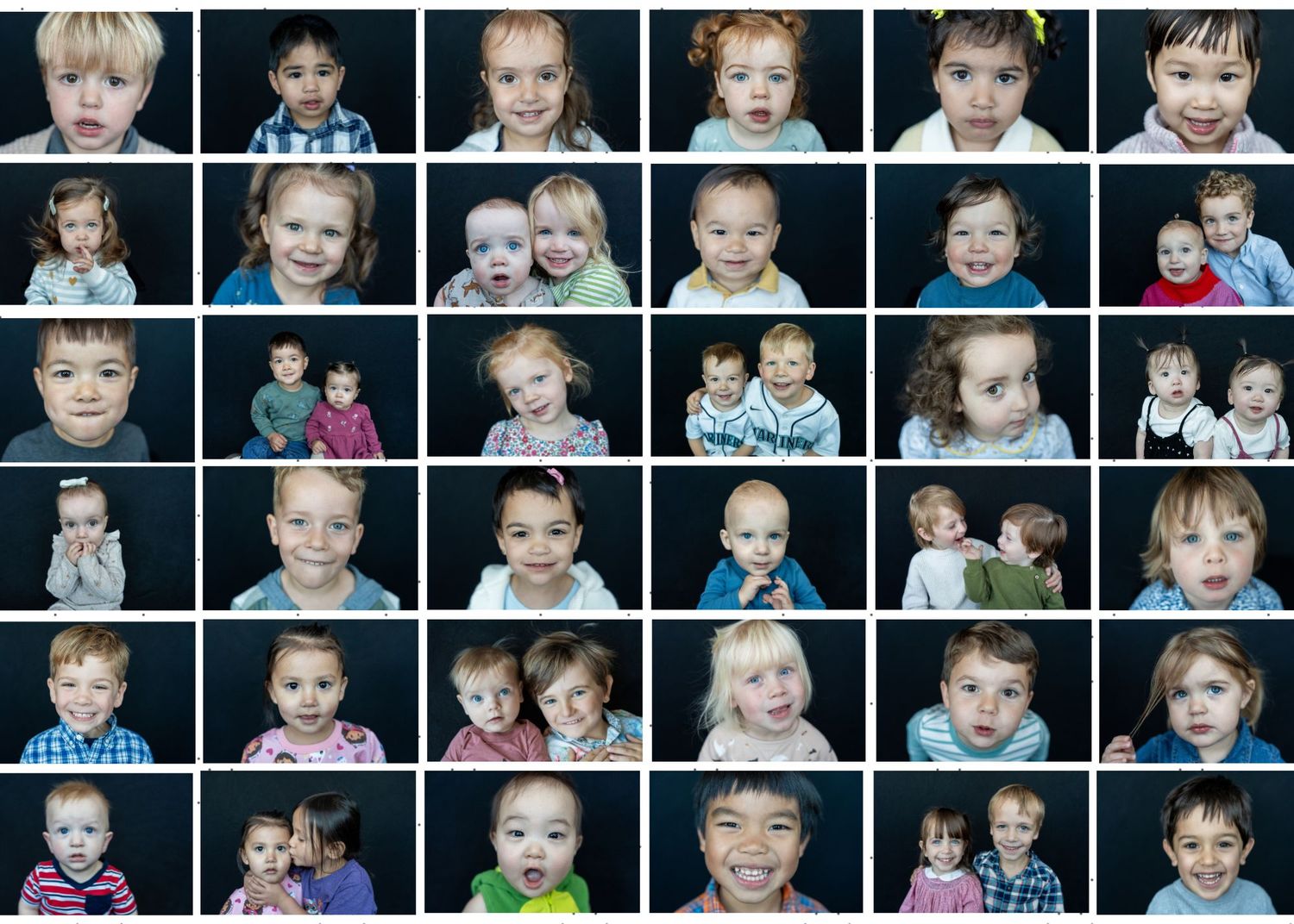 A photo collage grid showing multiple candid portraits of children in casual settings with various expressions and poses.