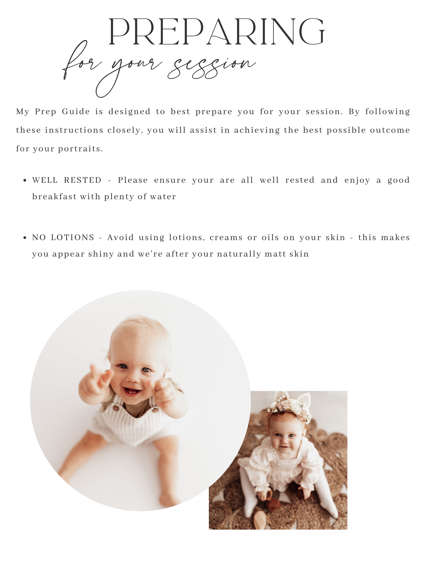 A minimalist photography preparation guide showing tips for clients with soft beige and white toned images.