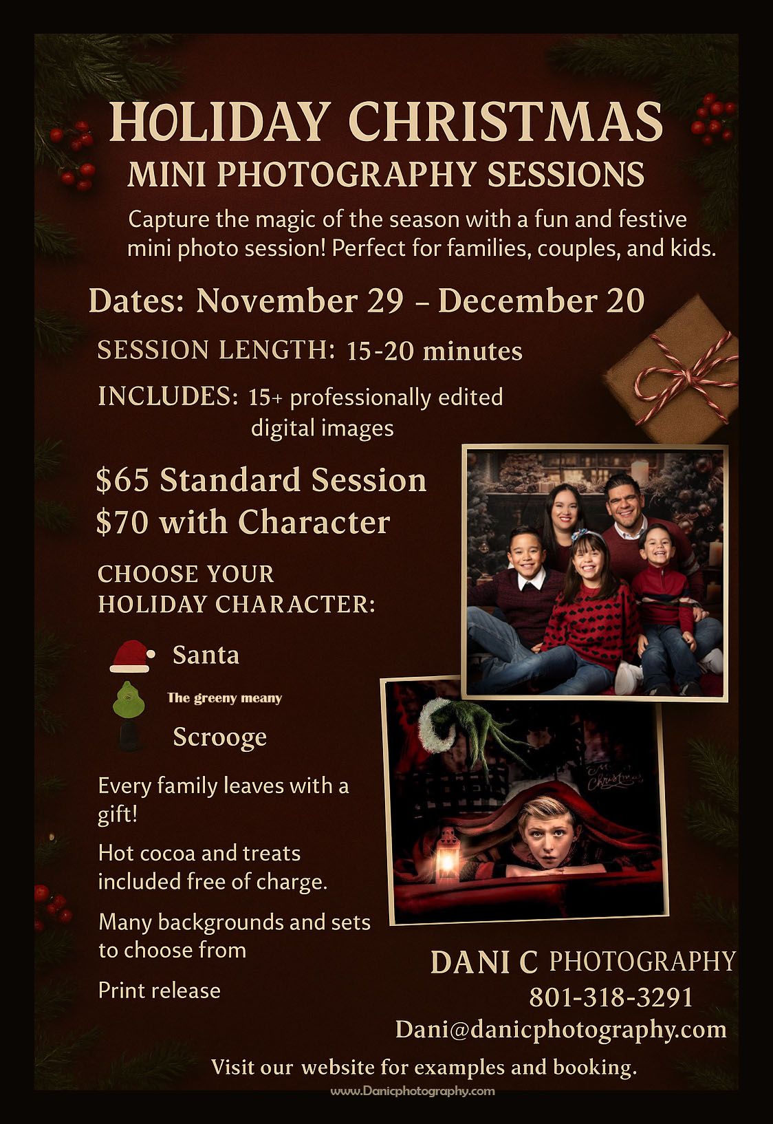 Holiday Christmas mini photography session advertisement showing pricing details and sample photos for festive portraits.