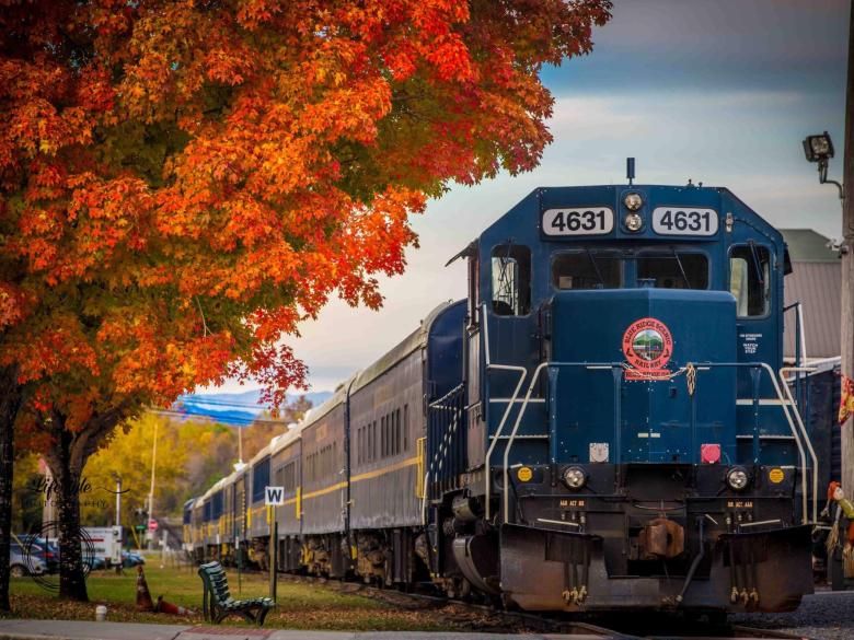 A blue locomotive numbered 4631 passes beneath brilliant red autumn maple trees at a scenic station.
