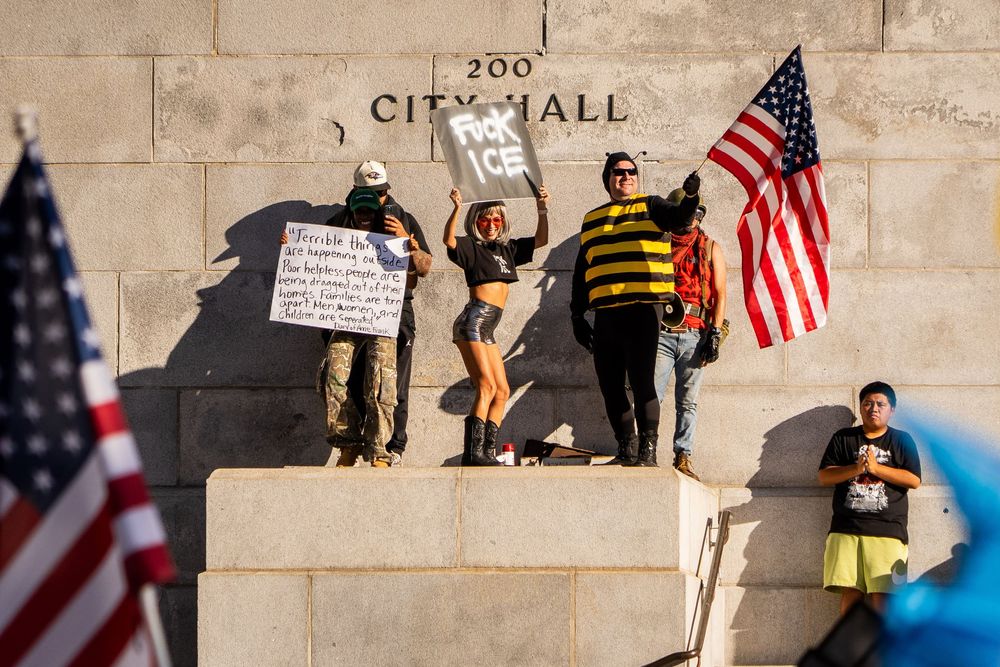 Demonstrators protest during the “No Kings” protest in Los Angeles, California in October 2025.