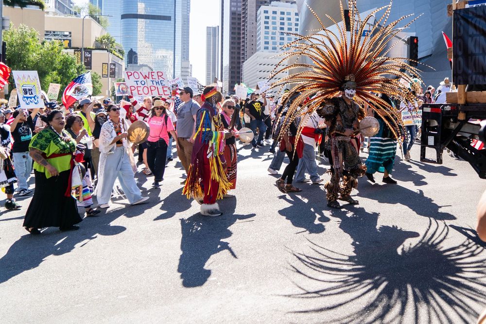 Demonstrators protest during the “No Kings” protest in Los Angeles, California in October 2025.
