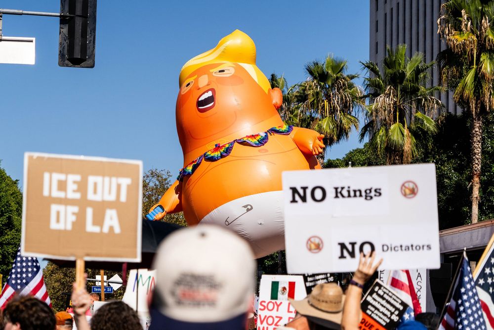 Demonstrators march during the “No Kings” protest in Los Angeles, California in October 2025.