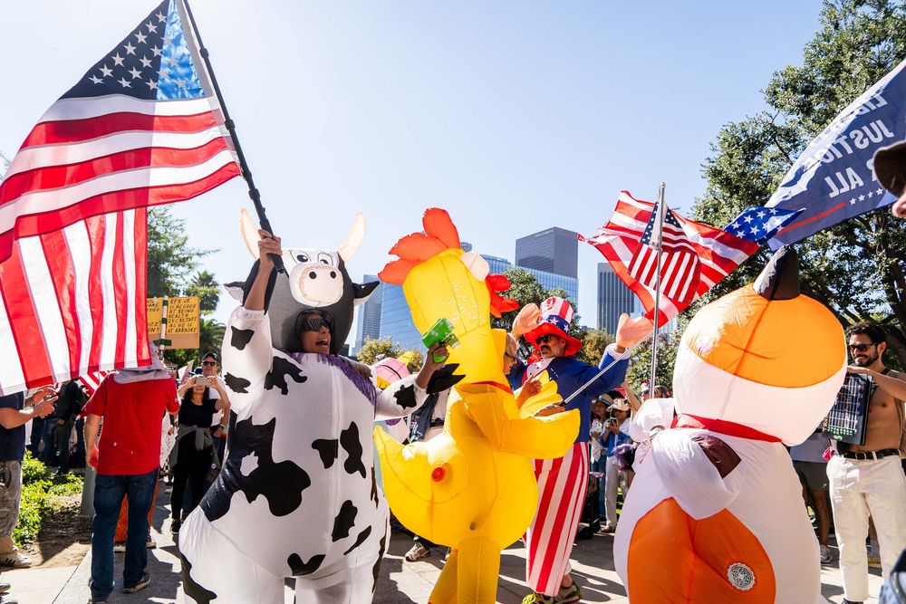 Demonstrators protest during the “No Kings” protest in funny costumes in Los Angeles, California in October 2025.