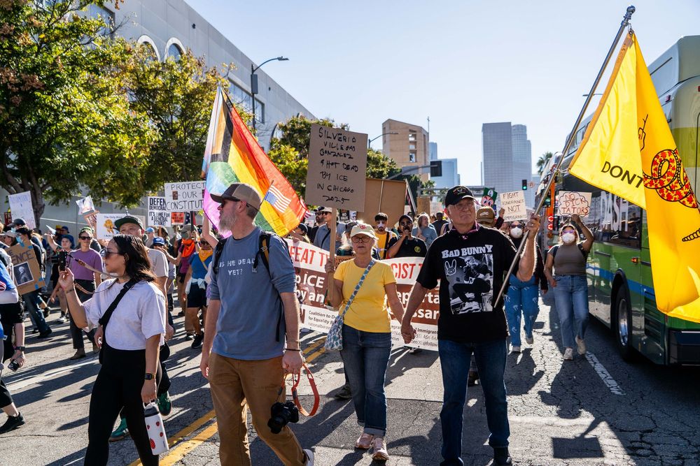Demonstrators march during the “No Kings” protest in Los Angeles, California in October 2025.