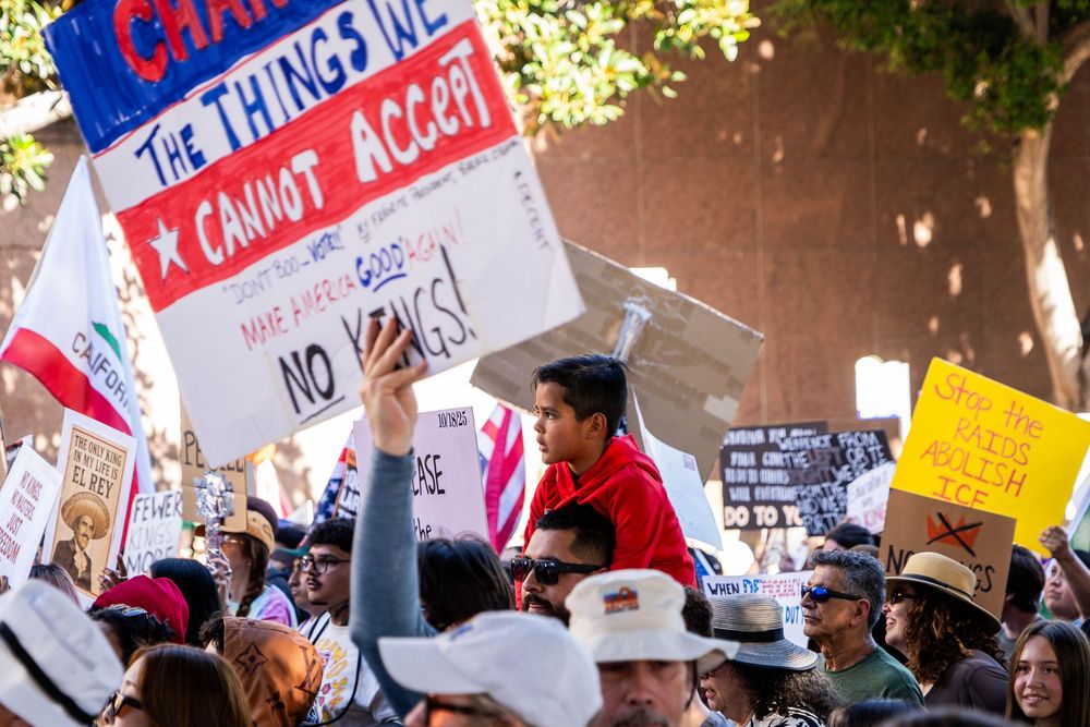 Demonstrators march during the “No Kings” protest in Los Angeles, October 2025