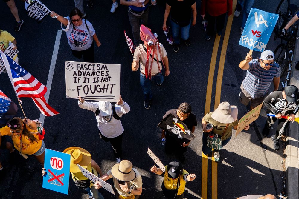 Demonstrators march during the “No Kings” protest in Los Angeles, California in October 2025.