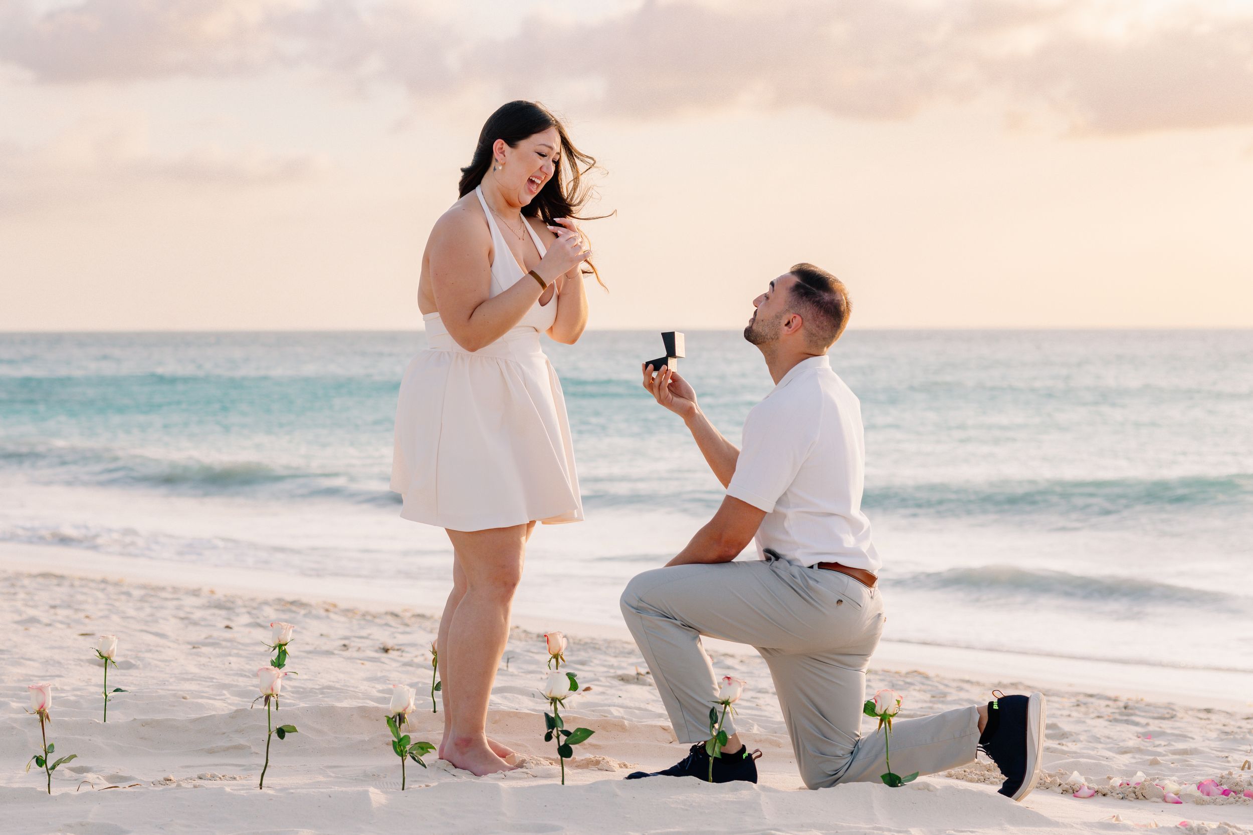 Man proposes to woman on a tropical beach at sunset, kneeling with a ring box while roses are planted in the sand.