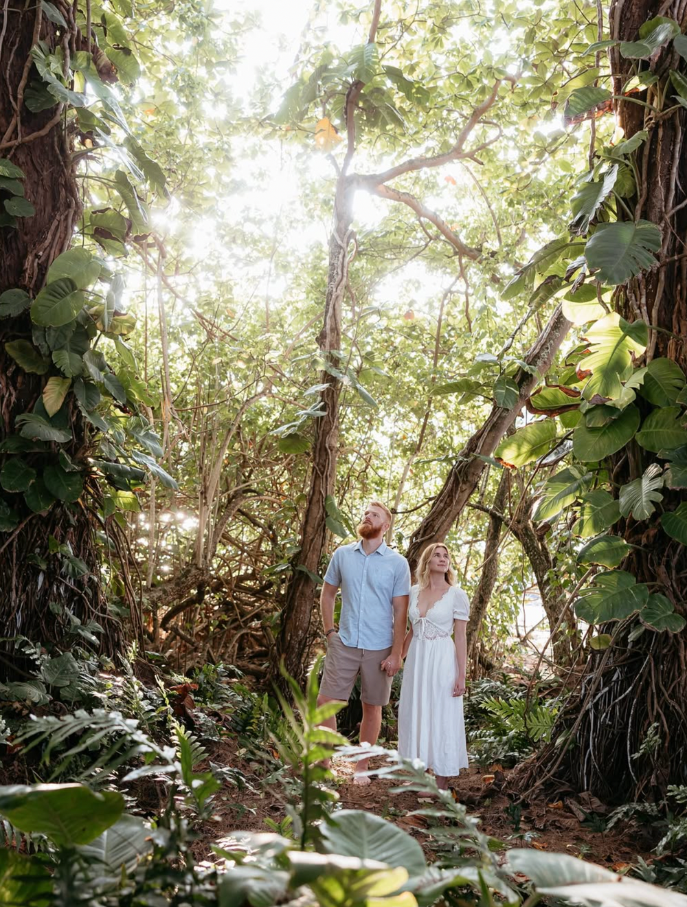 A couple stands together on a stone path surrounded by lush tropical foliage in a sunlit forest setting.
