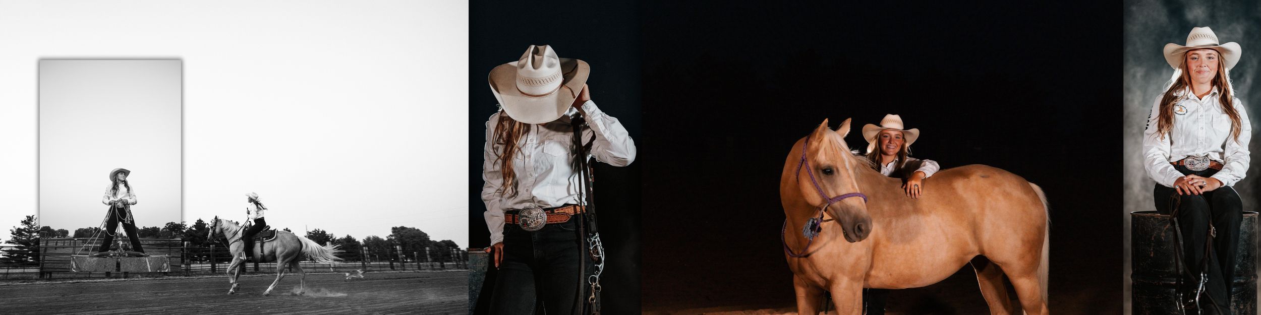 A collage of rodeo and western lifestyle images showing horses, riders, and arena action.
