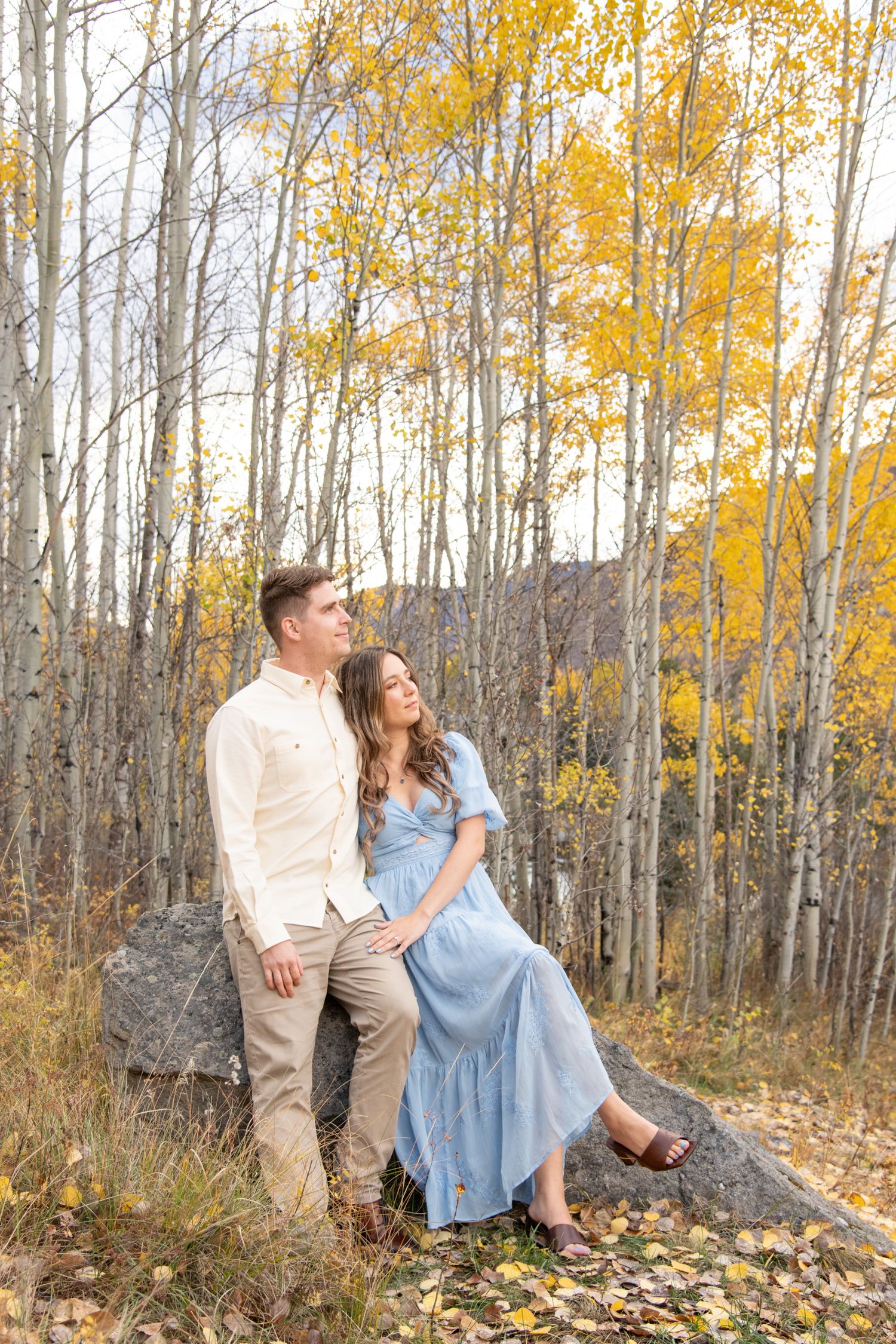 Vail Engagement photo session with a stylish couple sitting in golden aspen tree leaves in the fall landscape