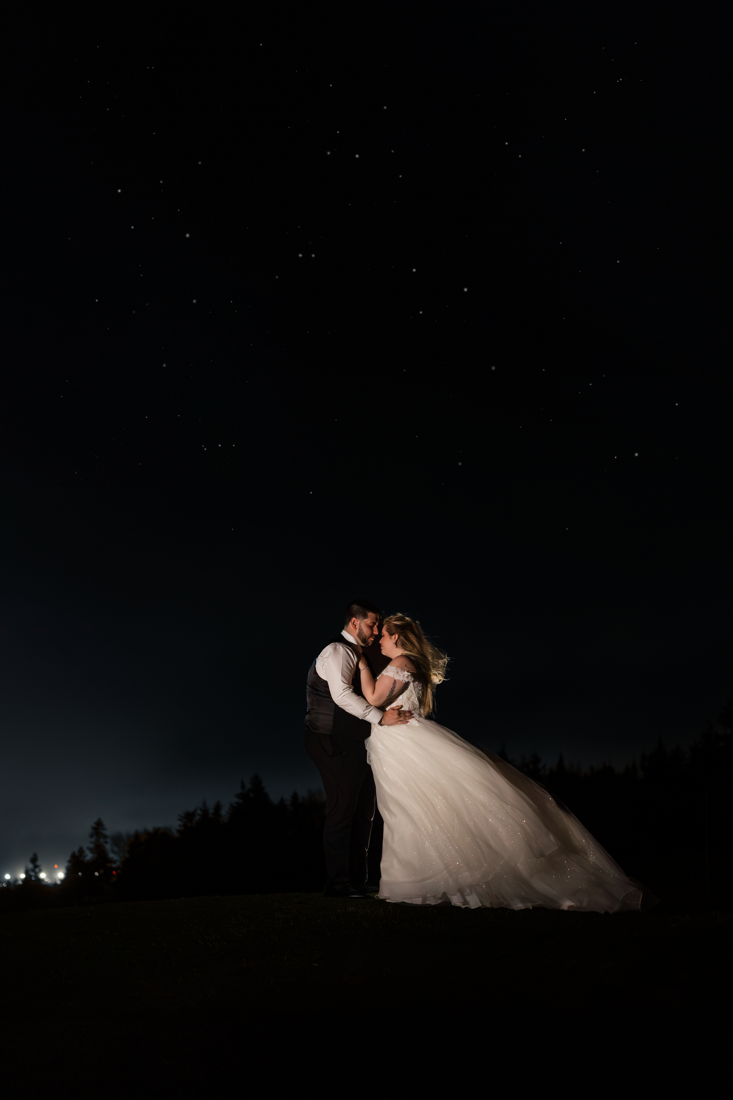 A romantic nighttime wedding photo series showing a couple in silhouette against a starry sky and dark treeline.