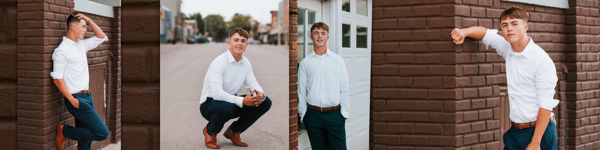 A sequence of candid action shots showing people jumping and posing against a brick wall background.