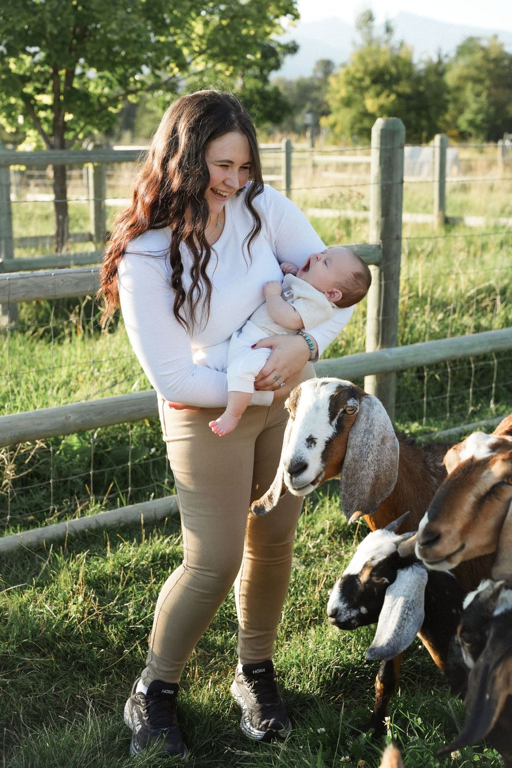 A person in khaki pants pets a goat while holding a baby at a farm fence on a sunny day.