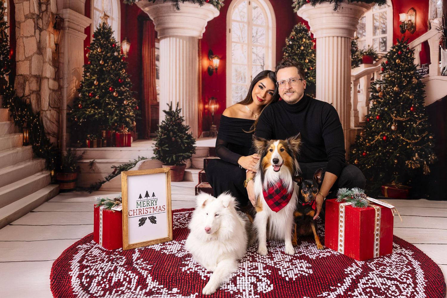 Six Christmas mini photo session backdrops featuring snowy scenes, rustic doorways, and elegant staircases decorated for holidays.