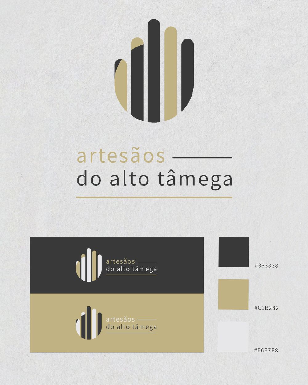 Elegant black and gold branding design for 'Artesaos do Alto Tamega' with vertical lines.