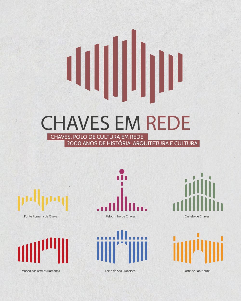 Red linear graphic design showing 'Chaves em Rede' cultural network branding.