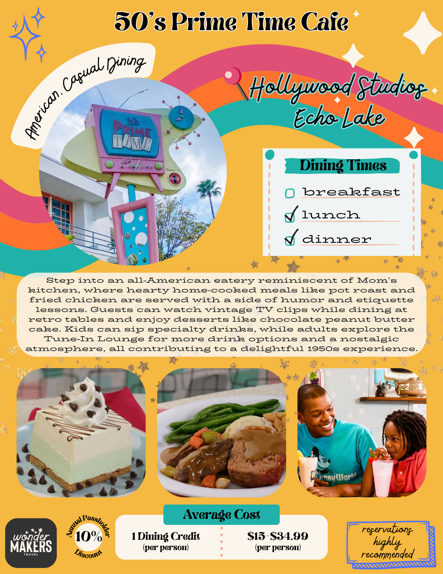 Retro-styled restaurant advertisement for 50's Prime Time Cafe featuring vintage diner decor and comfort food dishes at Hollywood Studios.