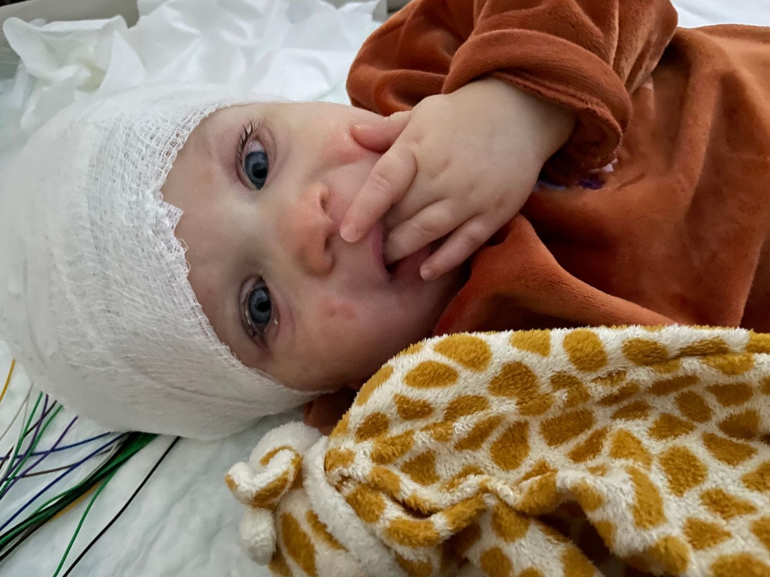 A baby wearing a white headband and rust-colored shirt lies on a giraffe print blanket.