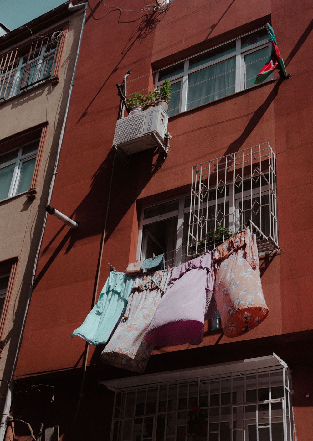 Washing blowing in the wind from flats, Istanbul, Turkey