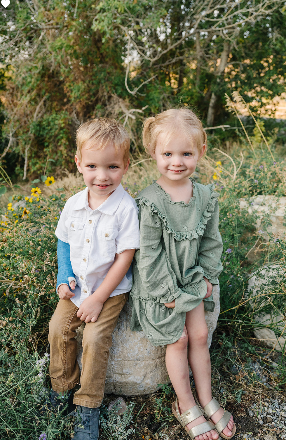 Two young children sit together on a rock outdoors surrounded by wildflowers and greenery on a sunny day.