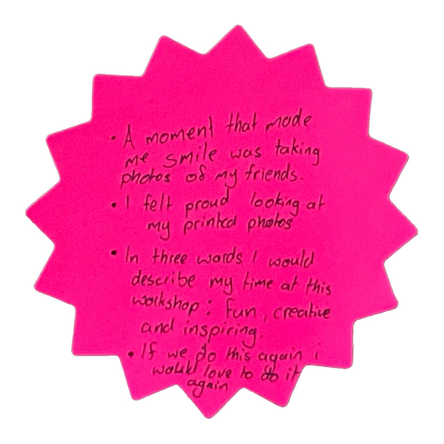 Pink star-shaped sticky notes with handwritten text arranged horizontally.