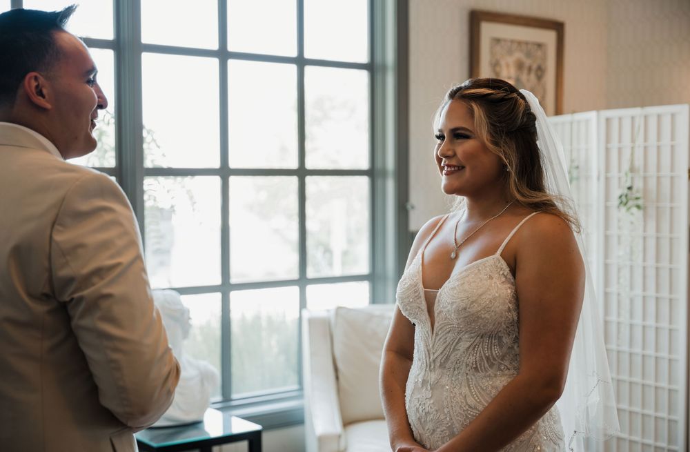 A romantic wedding moment captured in a series of candid photos showing a couple by a sunlit window.