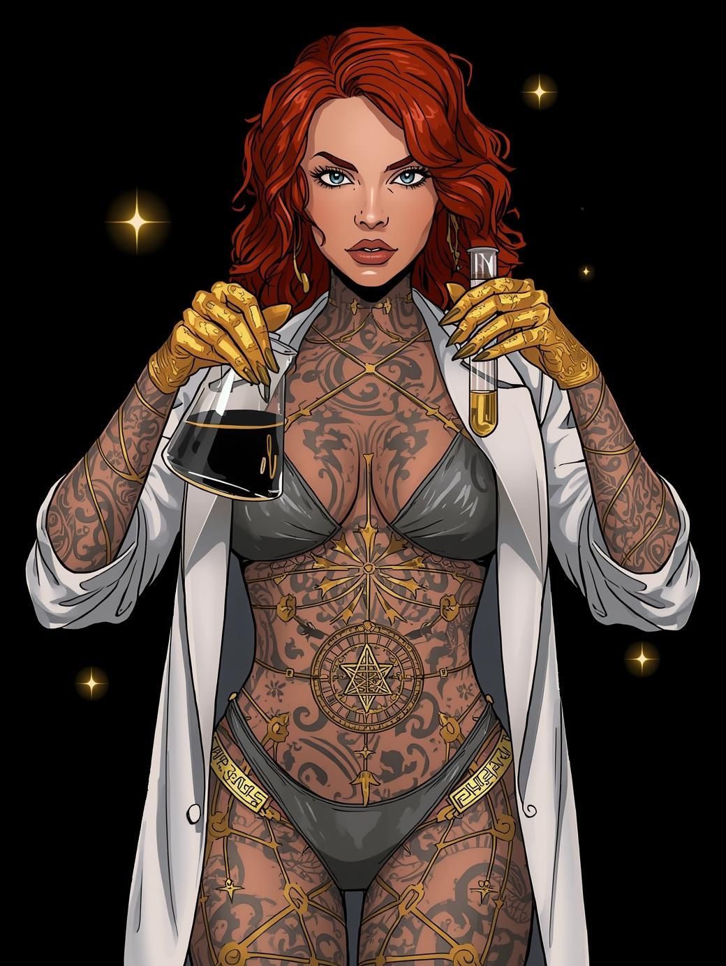 Illustration of a tattooed figure in a white lab coat flashing a phone against a dark background with sparkles.