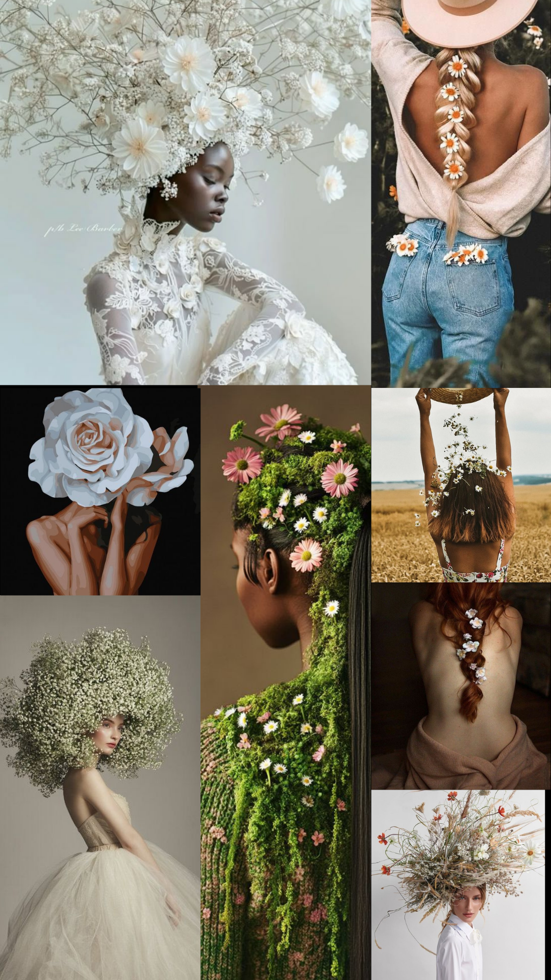 A dreamy fashion photo collage featuring ethereal floral arrangements, white dresses, braided hair, and romantic botanical styling.