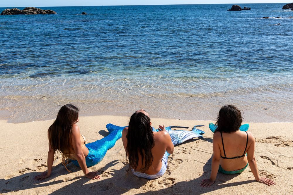 People relaxing on a sandy beach with blue ocean waves in the background.