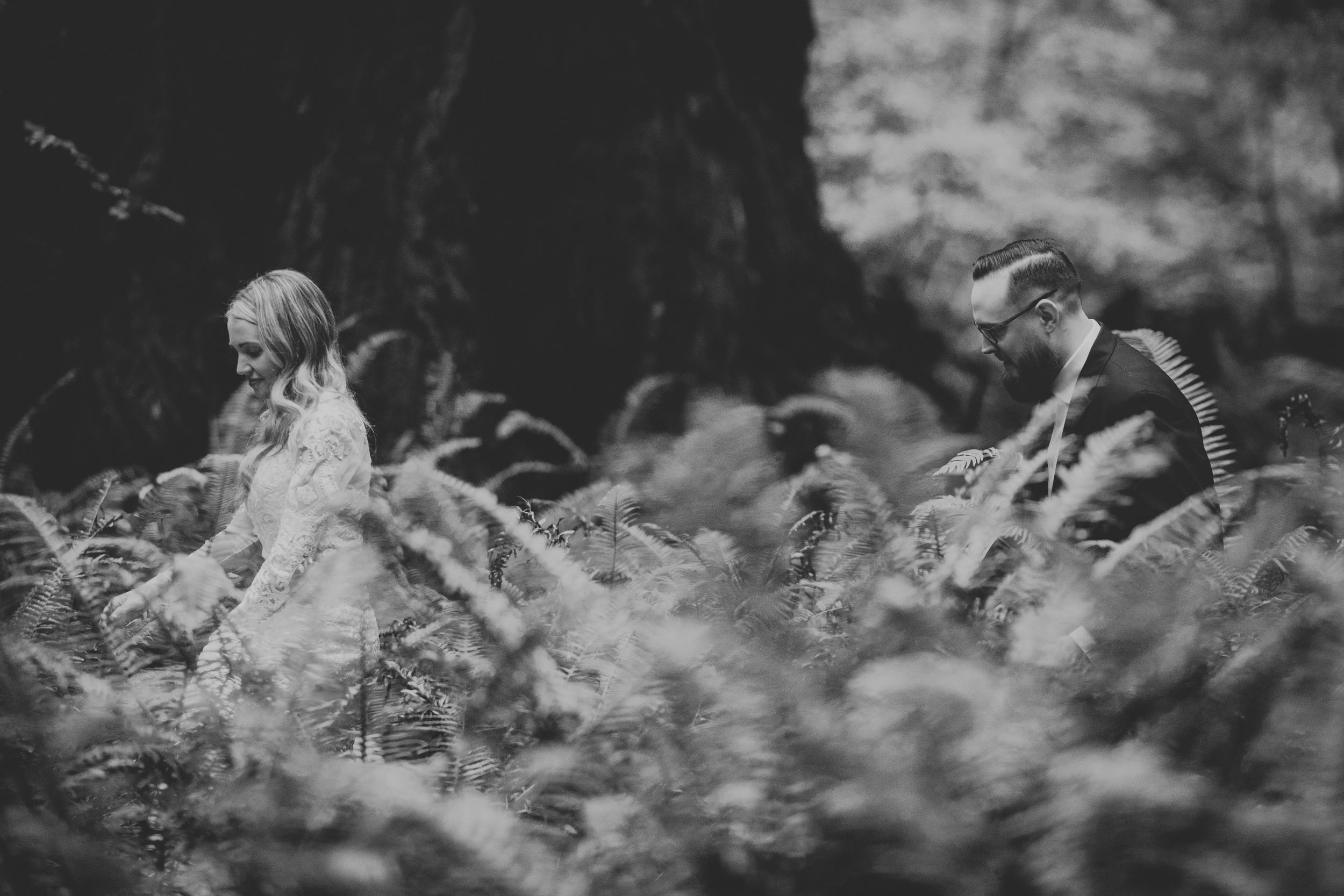 Black and white photo of a bride and groom walking through lush ferns in a forest.