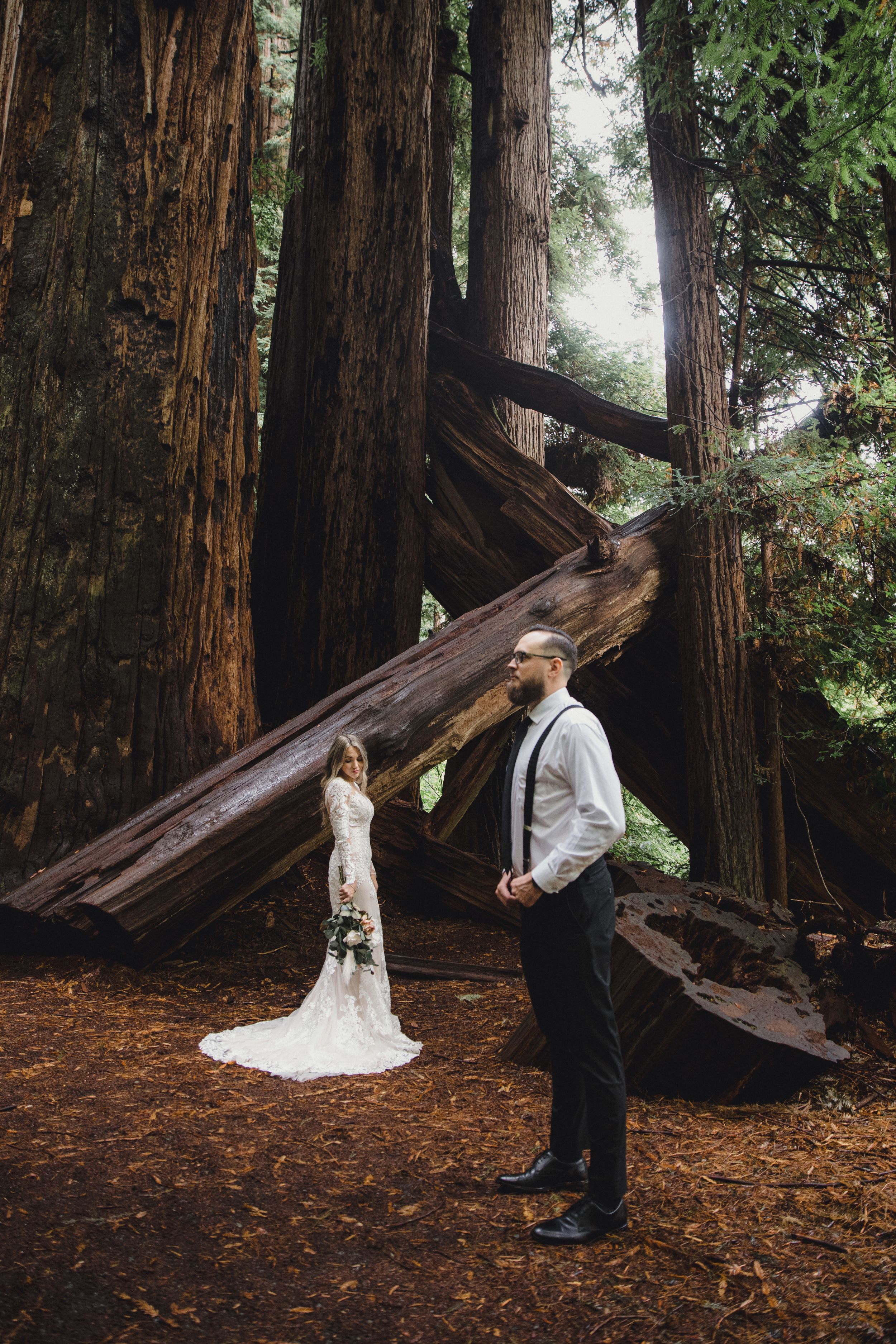 Bride and groom stand among towering redwood trees in a forest wedding photo.