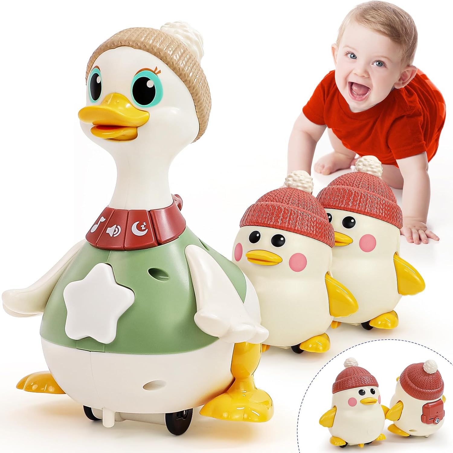 Colorful vintage-style toy duck ride collection showing various poses and angles of the retro children's toy.