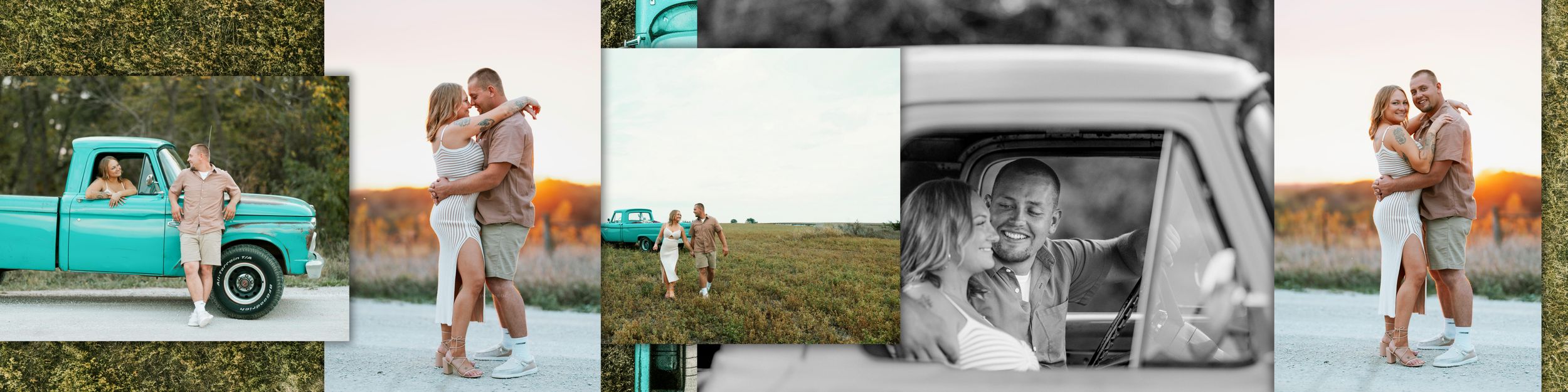 A collection of romantic outdoor photo session moments displayed in a horizontal filmstrip collage.
